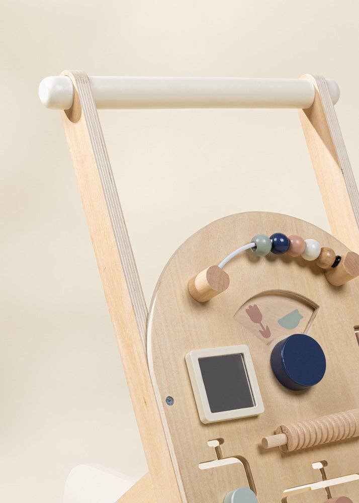 Close-up of the Wooden Activity Walker, showcasing sensory toys such as a bead maze, spinning gear, mirror, and tactile elements in soft, neutral colors.