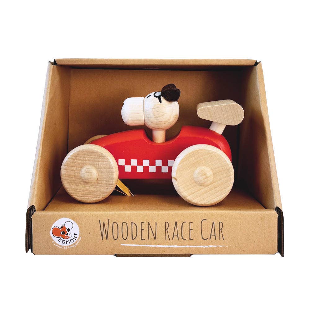 A delightful Egmont Toys creation, the Wooden Race Car Toy with Dog Driver features natural wood wheels and a red body accented by a checkered stripe, attractively presented in a cardboard box labeled "Wooden Race Car.