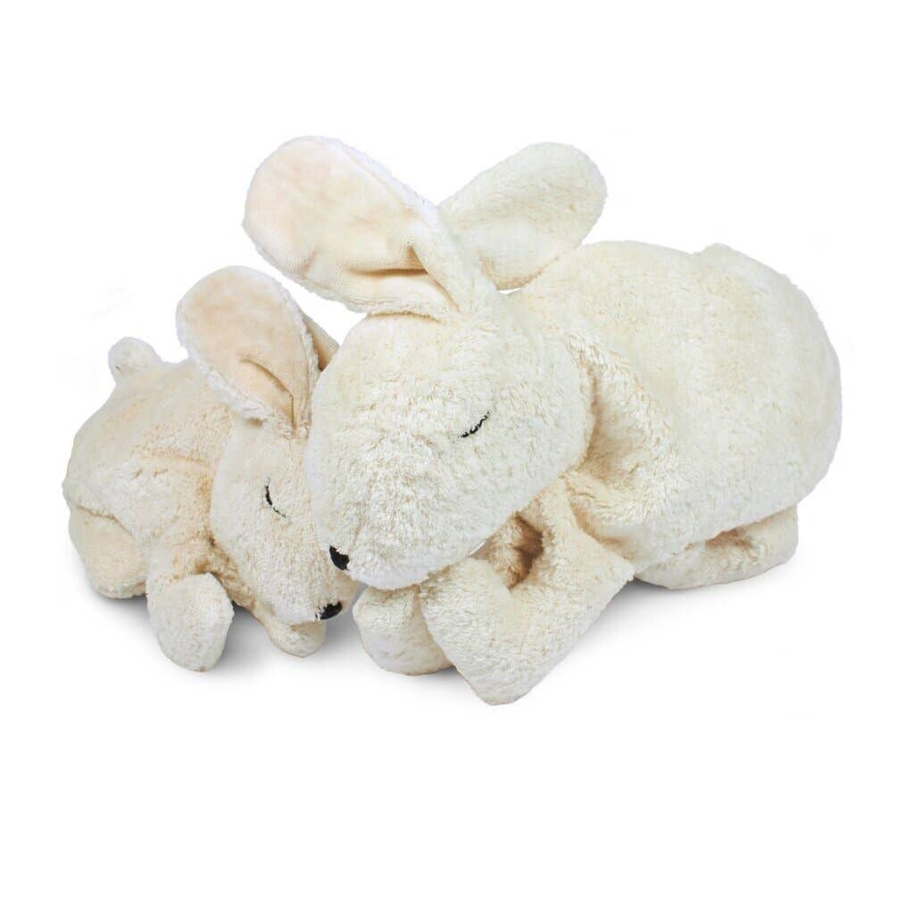 Two cream-colored Senger Naturwelt Cuddly Animal - White Bunny plush toys, one large and one small, lie cuddled together on a white background—perfect as a soothing bunny pillow or cozy heat pack for relaxation.