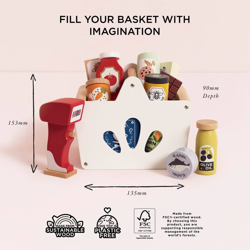 The Groceries Set & Scanner is a plastic-free, FSC-certified wooden playset with pretend groceries, red scanner, and bottles. Measuring 153mm x 135mm x 90mm, it’s perfect for eco-friendly pretend shopping fun.