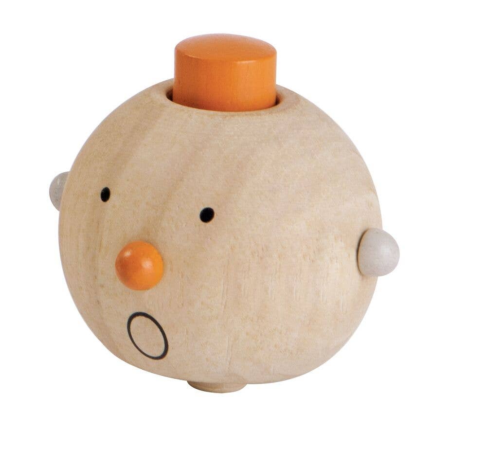 Build-A-Robot is a round wooden robot toy featuring a surprised face, an orange nose, small black eyes, and an orange button on top. With round side pieces resembling ears, this playful robot helps teach emotions and encourages imaginative interaction.