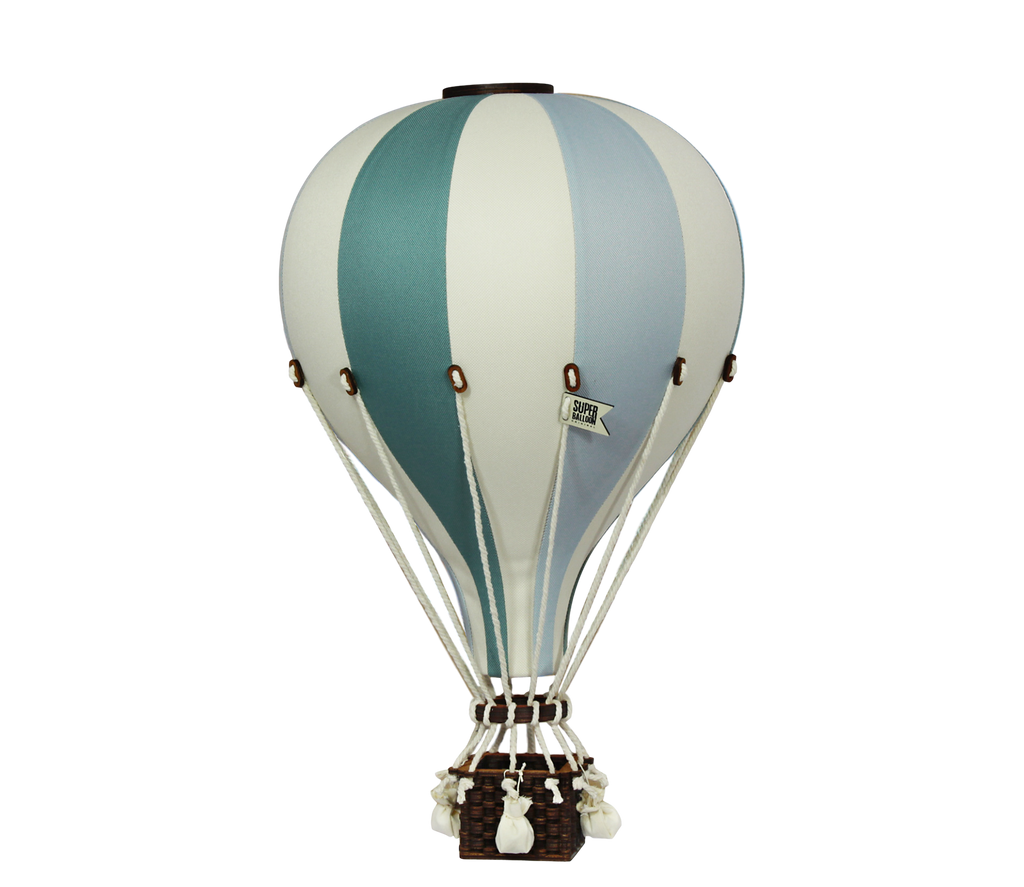 The Hot Air Balloon - Mint Green and Grey features alternating mint green, grey, and white panels with a wooden basket and white ropes—handmade decor perfect for a child's room against a plain white background.