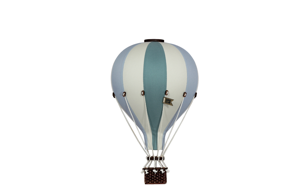 The handmade Hot Air Balloon - Mint Green and Grey features alternating mint green and grey stripes, a wooden basket, and a small flag—perfect for adding whimsical decor to a child's room. Shown isolated on a plain white background.