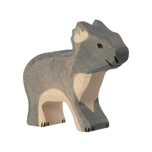 The Holztiger Koala, Standing is a handcrafted wooden toy with gray and beige coloring and simple black details. Made in Europe, it’s part of the HOLZTIGER figures collection and features a charming koala design.