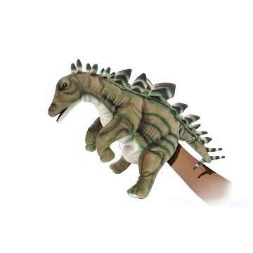 Wearing the Stegosaurus Dinosaur Puppet, a person displays its realistic features, including a green hue, dark stripes, and a spiked back reminiscent of a stegosaurus, all against a white background. This hand-sewn creation brings the dinosaur to life.