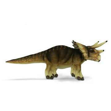 A realistic toy model of a Triceratops from HANSA animals, known for its three facial horns and large bony frill. Colored in shades of brown and green, with detailed textures to resemble the dinosaur's skin, this hand-sewn plush stands on all four legs, capturing every lifelike detail is called the Cream Triceratops Dinosaur Stuffed Animal.