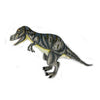 Illustration of the Giganotosaurus Dinosaur Stuffed Animal in gray and yellow with black stripes, standing on two legs with mouth open and small arms bent, against a white background, inspired by artisan handcrafted animals.