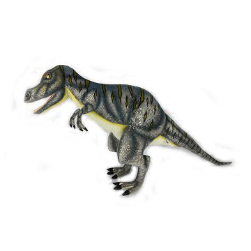 Illustration of the Giganotosaurus Dinosaur Stuffed Animal in gray and yellow with black stripes, standing on two legs with mouth open and small arms bent, against a white background, inspired by artisan handcrafted animals.