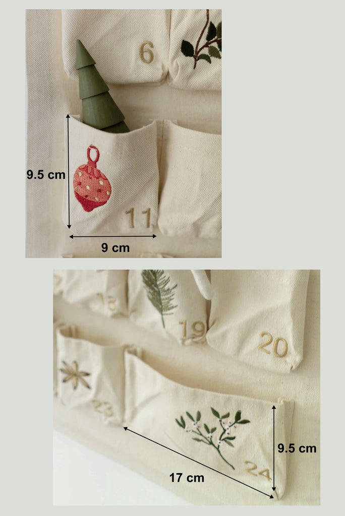 Two close-up views of the Sabo Concept Christmas Cotton Advent Calendar with numbered pockets, each featuring embroidered holiday designs. A small green tree is in one pocket. Pocket dimensions are shown in centimeters.