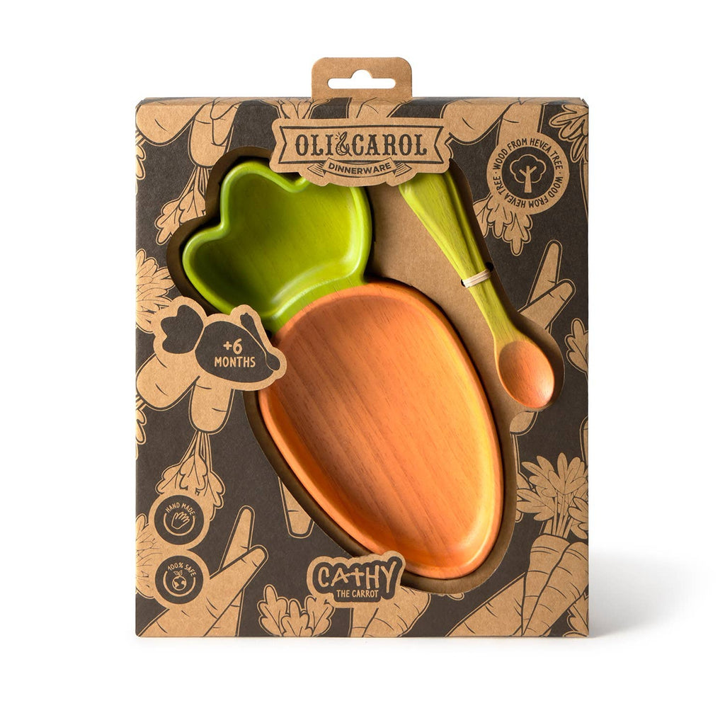 The Cathy the Carrot Plate & Spoon Set by Oli & Carol comes in a carrot-shaped box and includes a non-toxic orange silicone plate with a green top and a matching spoon, suitable for babies 6 months and up. This adorable dinnerware set is perfect for little ones beginning their solids journey.