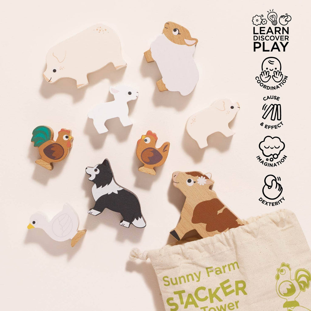 The Farmyard Stacking Animals and Bag features wooden figures—sheep, pig, goat, rooster, chicken, dog, duck, and cow—arranged beside a cloth bag. This eco-friendly stacking toy is an ideal educational gift. Educational icons are shown on the right.