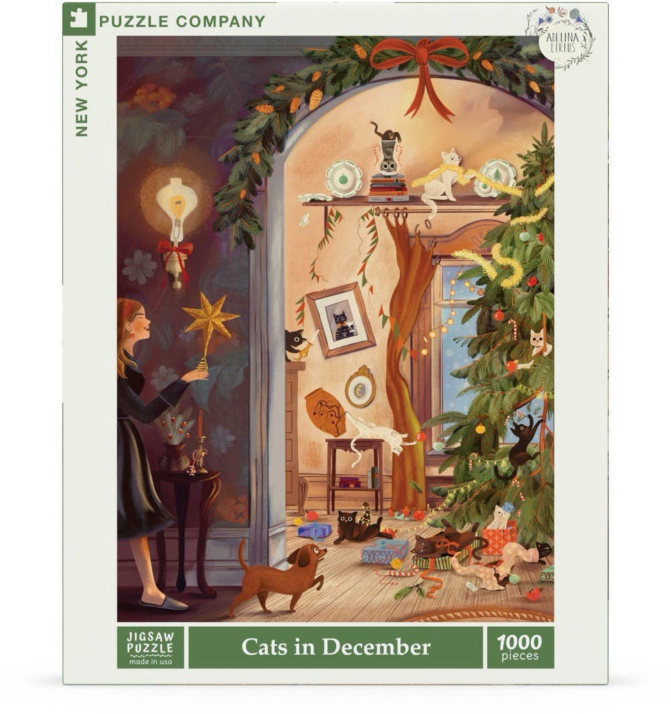 Cats in December - 1000 Piece Jigsaw Puzzle box featuring an illustration of a woman holding a glowing star in a living room filled with cats, a decorated Christmas tree, and holiday garlands.