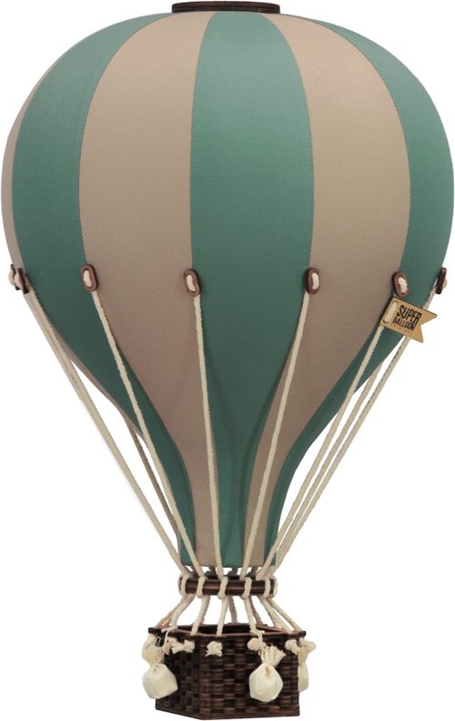 Illustration of the Hot Air Balloon - Pastel Green, featuring alternating pastel green and beige panels, a wicker basket with sandbags, and a small "Sunny Place" flag. This handmade piece is perfect for children's room decor.