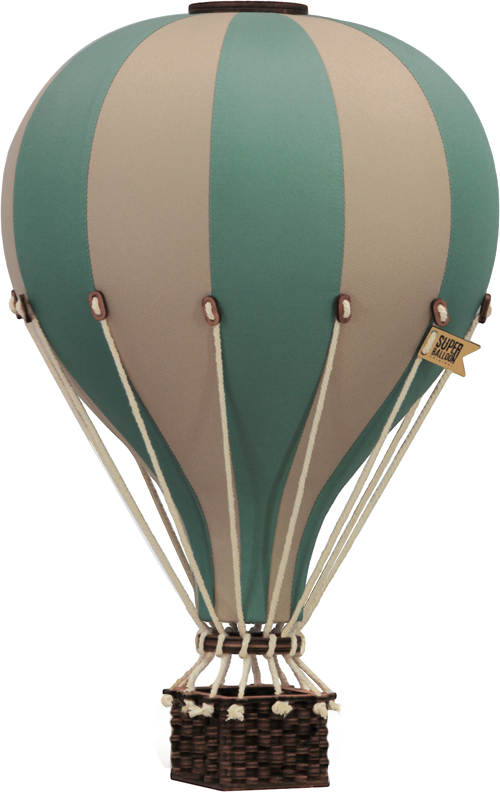 The Hot Air Balloon - Pastel Green features vintage-style pastel green and beige panels, white ropes, and a brown wicker basket. A small “SURF” flag decorates one rope, making it ideal as handmade décor for children's rooms.