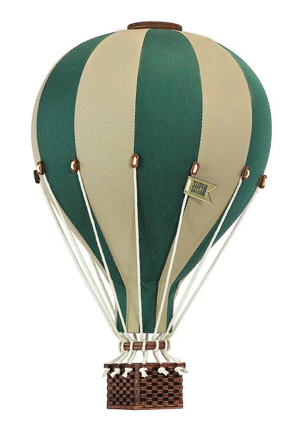 The Hot Air Balloon - Light Brown / Green features green and beige stripes, a wicker basket, and white ropes; this handmade wooden balloon decor is perfect for a children's room and is seen from the front on a transparent background.