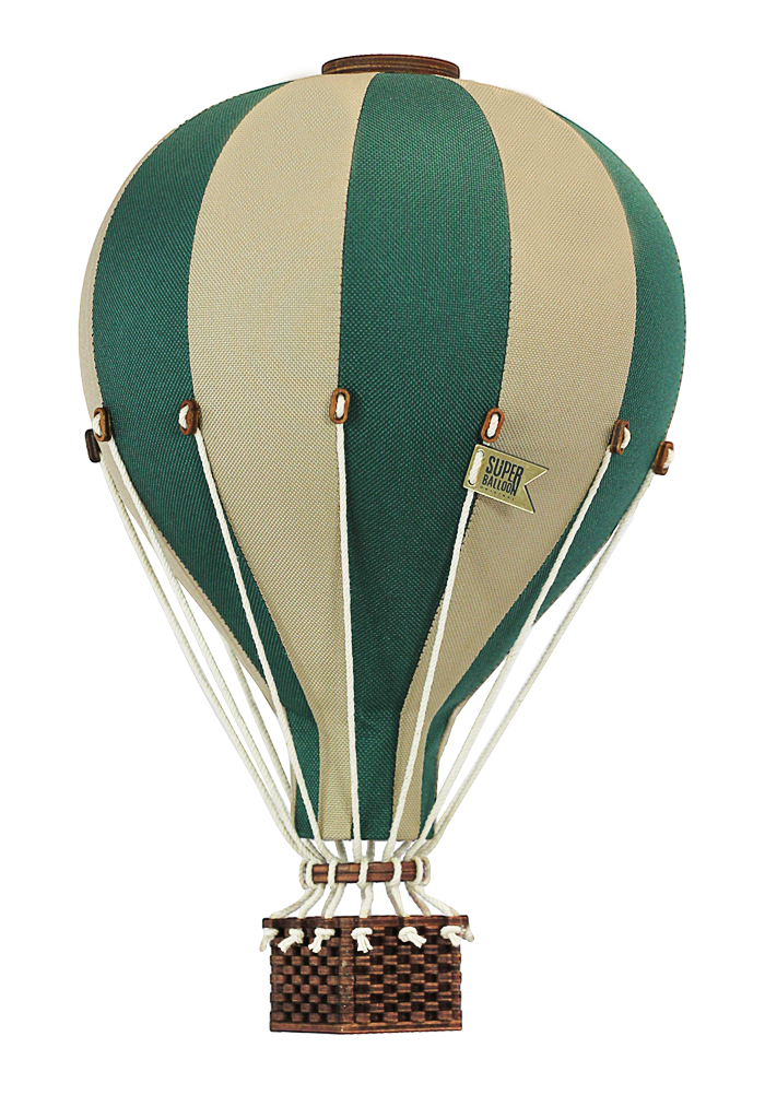 The Hot Air Balloon - Light Brown / Green features green and beige stripes, a wicker basket, and white ropes; this handmade wooden balloon decor is perfect for a children's room and is seen from the front on a transparent background.