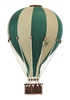 The Hot Air Balloon - Light Brown / Green features green and beige stripes, a wicker basket, and white ropes; this handmade wooden balloon decor is perfect for a children's room and is seen from the front on a transparent background.