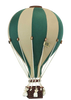 The Hot Air Balloon - Light Brown / Green is a vintage-style handmade model with green and beige panels, a wicker basket attached by white ropes, and a “SUPER” flag. Ideal as wooden decor or for decorating children’s rooms.