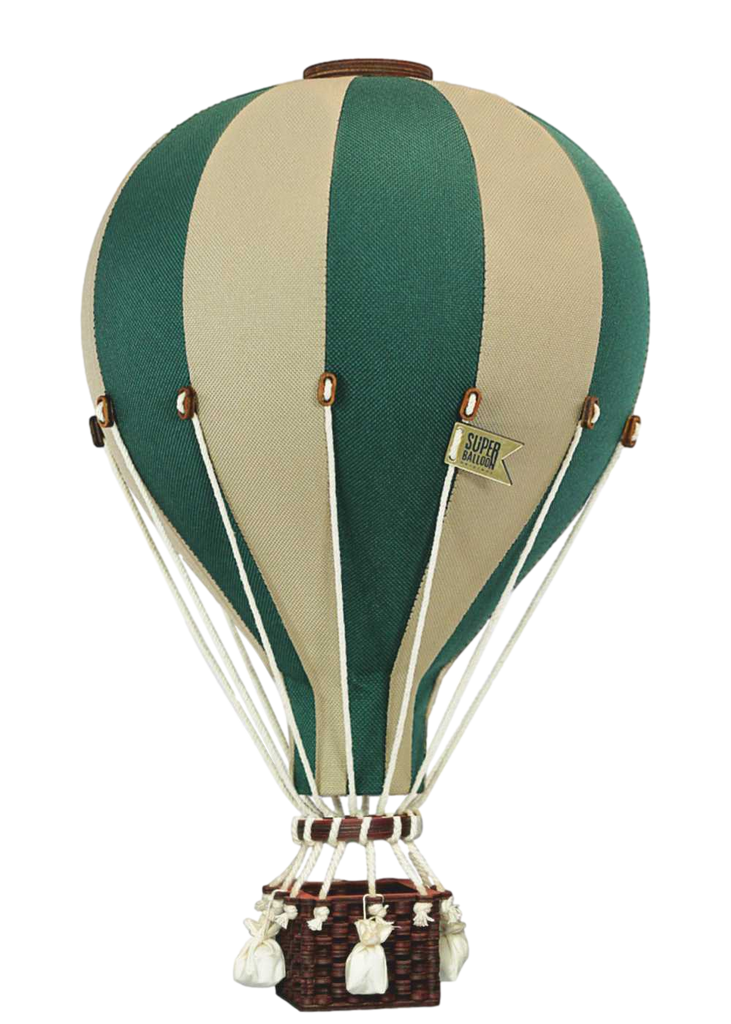 The Hot Air Balloon - Light Brown / Green is a vintage-style handmade model with green and beige panels, a wicker basket attached by white ropes, and a “SUPER” flag. Ideal as wooden decor or for decorating children’s rooms.