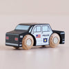 Introducing the No. 41 GT255 Sam, made in England—a classic wooden police car with black and white accents, authentic police decals, and sturdy wooden wheels, perfect for sparking imaginative play against a light background.