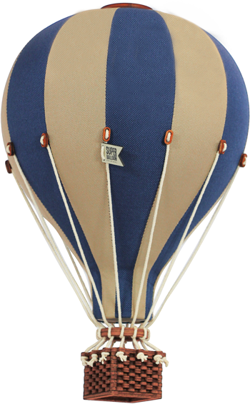 The Hot Air Balloon - Light Brown / Navy Blue features alternating navy and light brown panels, a woven basket, white ropes, and a "Super Ballon" flag—perfect for children's rooms or whimsical wooden balloon decor.
