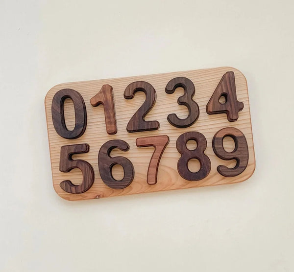 Walnut Number Puzzle 0-9 in the shape of a rectangle with dark wooden numbers from 0 to 9 placed into corresponding cutouts on a walnut wood tray background.