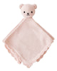The Cuddle + Kind Organic Cotton Baby Bear Lovey (Blush) is a soft, hand-knit, light pink blanket featuring a cute bear head and ruffled edges—making it an adorable fair trade gift for babies.