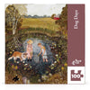 Dog Days Mini - 100 Piece Mini Puzzle featuring a Loré Pemberton illustration of two children and a dog wading into a pond filled with water lilies, with a red barn in the background.