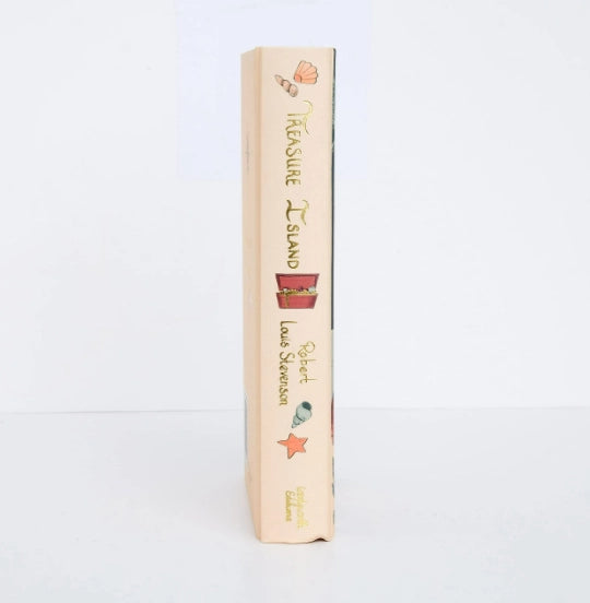 The image displays the spine of the "Treasure Island | Stevenson | Collector's Edition | Hardcover Book," featuring illustrations of a treasure chest, seashell, and starfish on a light background.