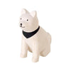 A small, white, albizia wood figurine of a sitting dog with black eyes, a black nose, and a simple, friendly expression. The dog is wearing a hand-painted black collar. The overall design of this handcrafted wooden animal is minimalist and charming: the Handmade Tiny Wooden Farm Animals - Akita Dog.