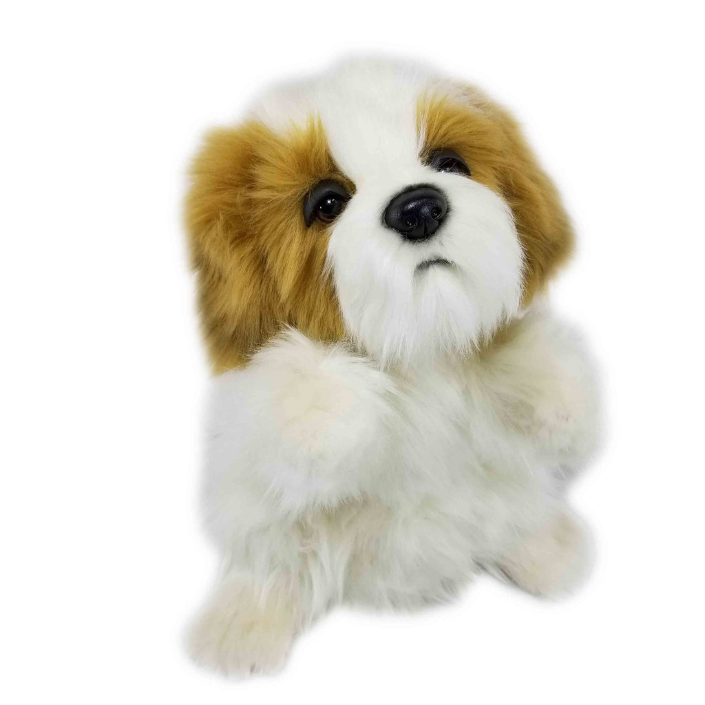 A fluffy, brown and white Shih Tzu Dog Puppet from HANSA with large dark eyes sits upright on a white background, looking up with its front paws raised.