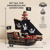 Embark on adventures with the Barbarossa Pirate Ship & Characters, a wooden, plastic-free pirate ship toy with black sails, skull and crossbones, pirate figures, and side cannons. Sustainably crafted—ships in one week!.