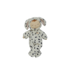 The Olli Ella Cozy Dinkum - Dog Domino is a soft plush doll with closed eyes, dressed in a white hooded onesie with black spots and floppy dog ears, shown against a plain white background.