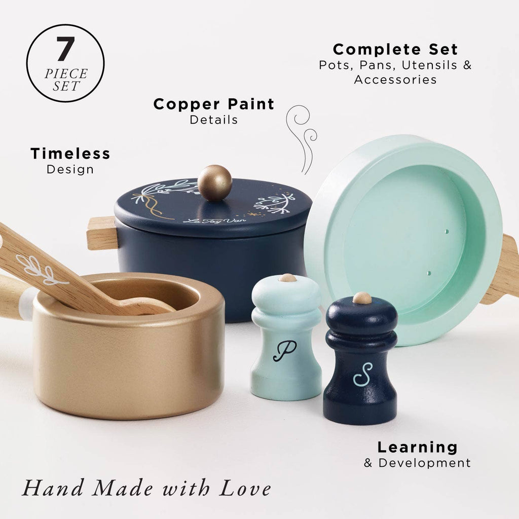 Pots & Pans Kitchen Accessories seven-piece wooden toy set, including a lidded pot, a pan, a wooden spoon, and salt and pepper shakers.