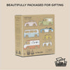 A cardboard box labeled "Vintage Toy Cars" features classic car illustrations, with "Beautifully packaged for gifting" above and a "100% recyclable packaging" badge below.