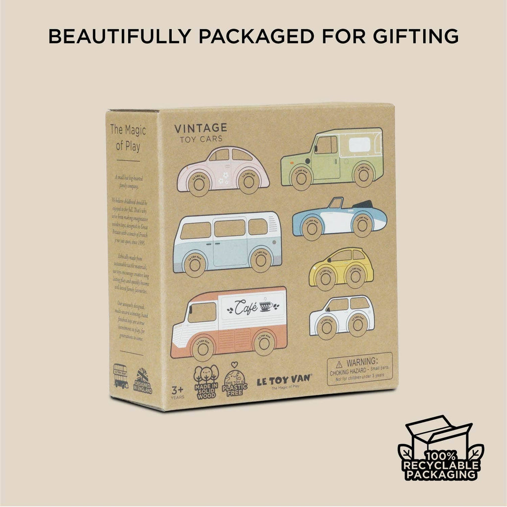 A cardboard box labeled "Vintage Toy Cars" features classic car illustrations, with "Beautifully packaged for gifting" above and a "100% recyclable packaging" badge below.