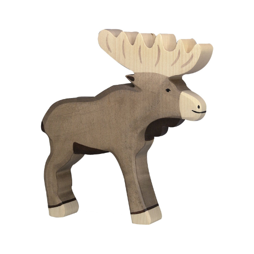 The Holztiger Elk is a handcrafted wooden toy made in Europe, featuring natural brown and beige colors with simple carved details and a friendly face, like other HOLZTIGER figures.