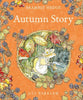 The cover of Autumn Story: Jill Barklem depicts a mouse in a hat and dress with a blue-striped stick, surrounded by autumn leaves and berries on an orange background with decorative foliage.