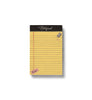 The Class Notes Notepad is a yellow lined pad with “Notepad” inscribed at the top, featuring easy-to-tear sheets, a pink eraser in the lower left corner, and a pencil sharpener with shavings in the upper right—ideal for classroom illustrations or jotting down daily notes.