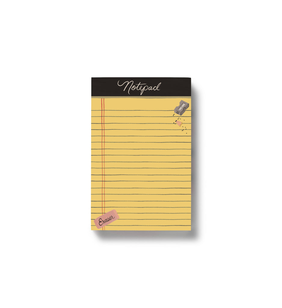 The Class Notes Notepad is a yellow lined pad with “Notepad” inscribed at the top, featuring easy-to-tear sheets, a pink eraser in the lower left corner, and a pencil sharpener with shavings in the upper right—ideal for classroom illustrations or jotting down daily notes.