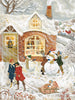 Nor’easter - 750 Piece Jigsaw Puzzle features Loré Pemberton’s snowy scene with snowman builders, two women pulling a baby on a sled, and a cozy cottage—great for winter puzzling.