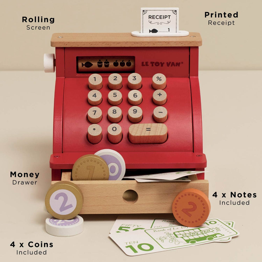 The Cash Register & Money is an educational wooden toy with number buttons, a rolling screen, a drawer for play coins and notes, and a printed receipt. Labels highlight features: coins, notes, receipt, and drawer.