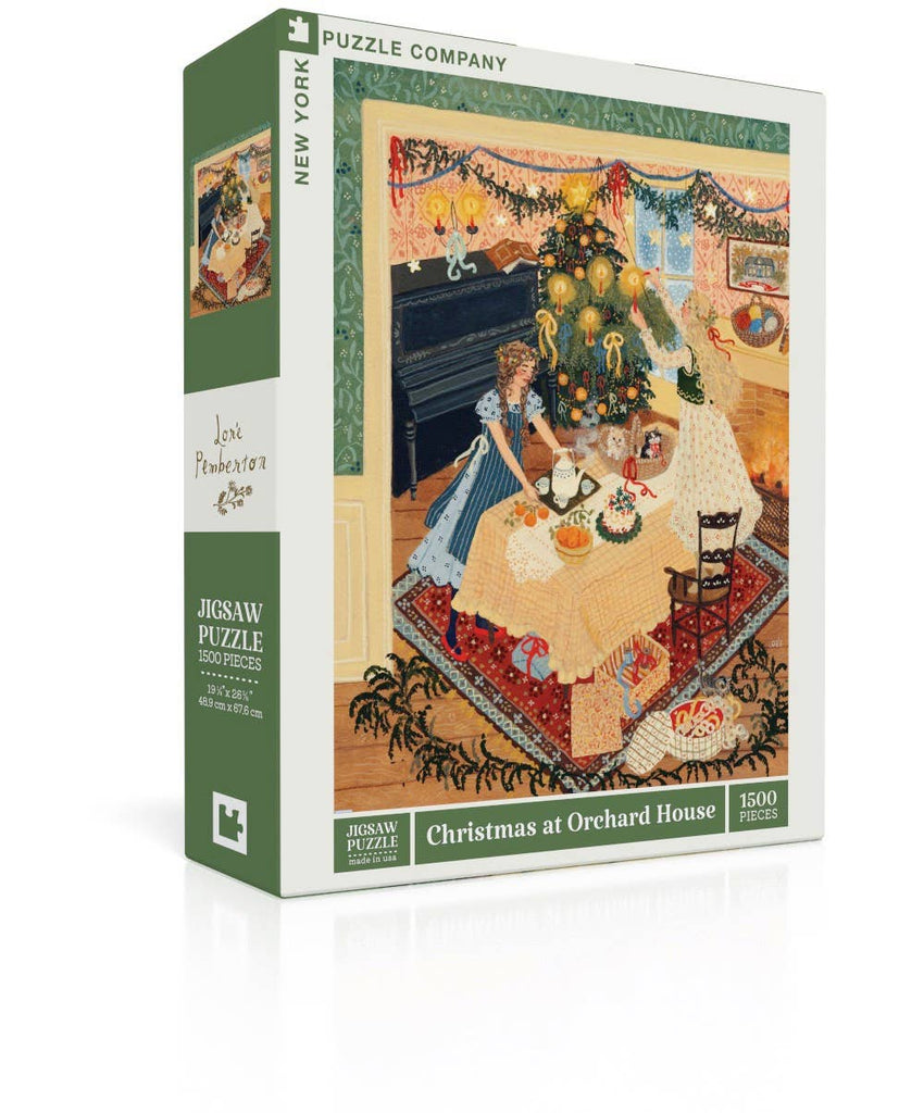Box for Christmas at Orchard House - 1500 Piece Jigsaw Puzzle showing an illustration of a woman in a period dress serving tea to a child by a decorated tree.