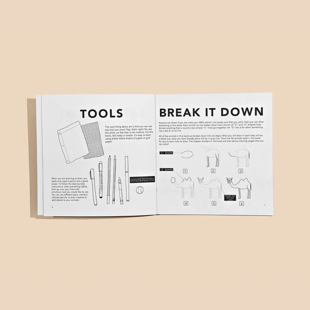 An open All the Animals: How To Draw Books For Kids booklet shows “TOOLS” with pen and paper sketches on the left, and “BREAK IT DOWN” with easy, step-by-step animal drawing instructions for kids, like how to draw a camel.