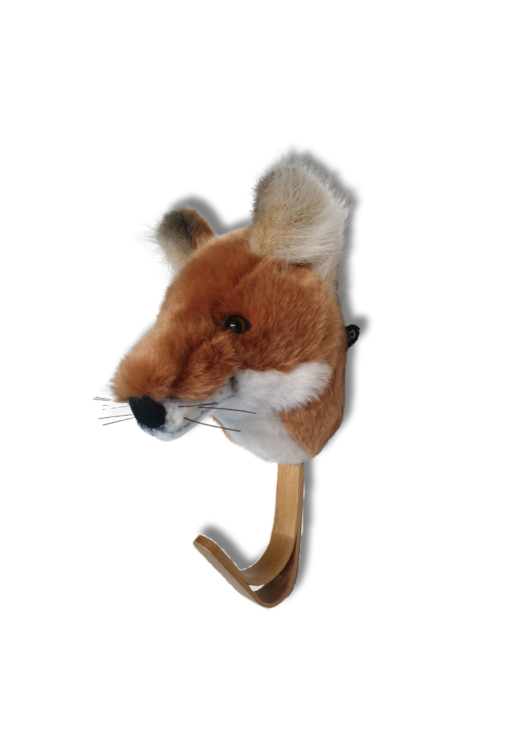 The Coat Hanger - Fox features a plush fox head with brown and white fur, pointy ears, black nose, and glassy eyes on a curved wooden hook—an adorable fox-themed wall hook for coats or accessories in any room.