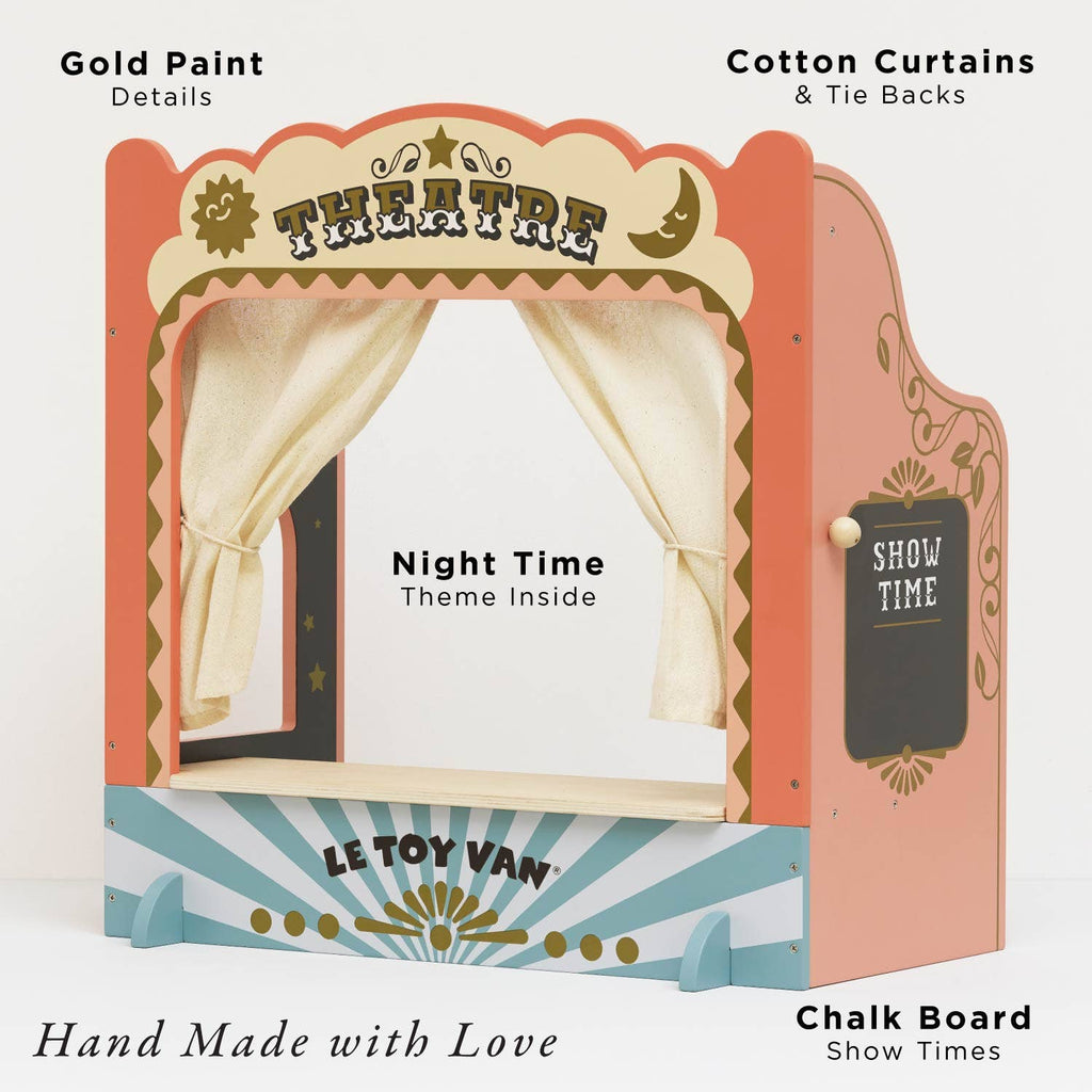 The Tabletop Puppet Wooden Theater by LE TOY VAN features gold detailing, cotton curtains, a “Theatre” sign, a chalkboard for show times, and a nighttime interior theme. Perfect for imaginative play and handmade with love.