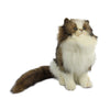 A realistic plush toy of a Forest Cat Stuffed Animal with brown and white fur, featuring large, expressive eyes and a long bushy tail, hand sewn and isolated on a white background.