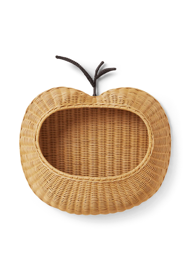 The Ferm Living Apple Braided Wall Pocket - Natural features a woven rattan design with an oval opening and dark curved stem, ideal for charming storage in a child's room. Shown against a plain white background.
