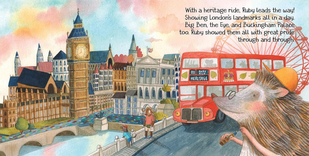 A colorful illustration of London featuring Big Ben, the London Eye, and Buckingham Palace, with Ruby The Red Electric Bus on a bridge, and a hedgehog showing landmarks to a small girl.