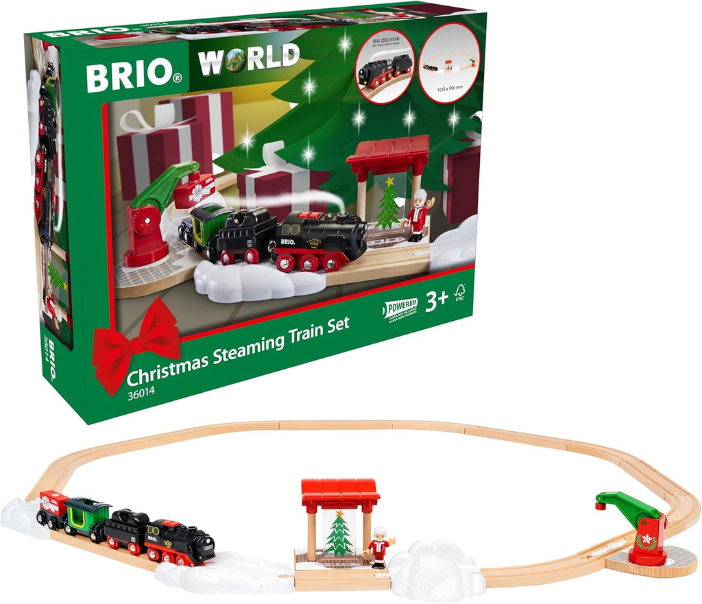 The BRIO World Christmas Steaming Train Set, for ages 3+, includes a festive steaming train, holiday-themed accessories, and a wooden track, with display options both in and out of the box.